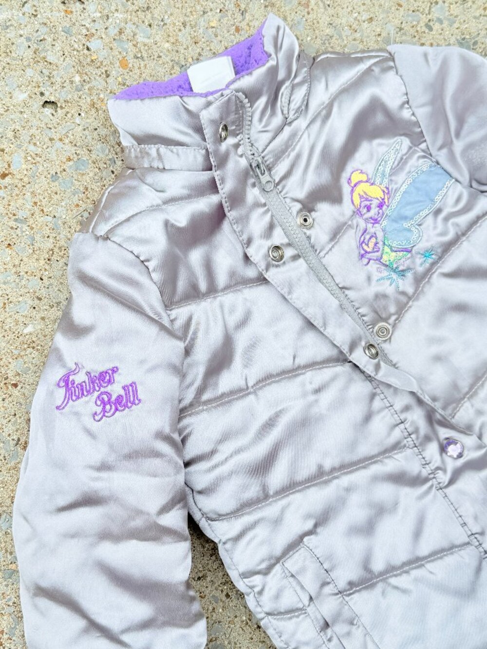 Disney Store Tinker Bell Girls XS 4 Silver Puffer Coat Y2K Fairy Whimsical 4278